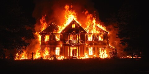 A large house engulfed in intense flames at night, completely ablaze.  The fire rages, consuming the structure