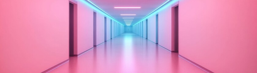 Pink and Blue Lit Hallway Infinite Doors Perspective, Architecture, Minimalism