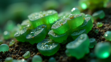 Extreme macro of glittering chlorite minerals in green soil, geological abstract art, crystalline earth texture.