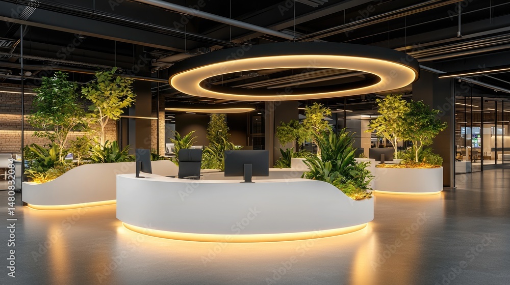 Poster modern office lobby features sleek reception desk and lush greenery