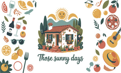 A modern vector illustration in a Mediterranean summer theme,  easily scalable and editable.