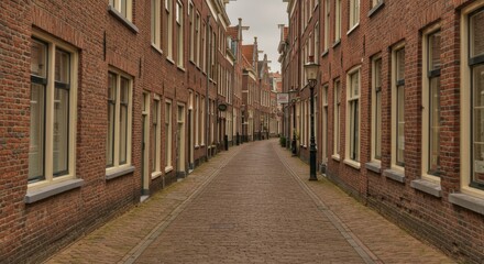 Obraz premium Brielle Street Cobblestone Lane Dutch Town - Charming Dutch town street scene, cobblestone lane, historic brick buildings, quiet atmosphere, old-world charm