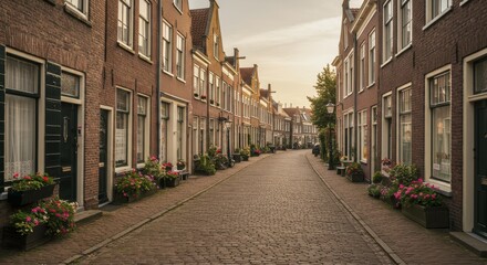 Brielle Street Cobblestone Lane Dutch Town - Charming Dutch town street scene, cobblestone road, historic brick buildings, flower boxes, morning sunlight. Symbolizing peace, history, charm, community