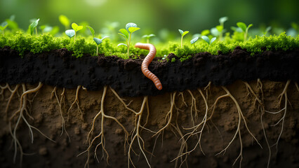 Cross-section of green soil with intricate root systems, fungal networks visible, layered earth science detail.