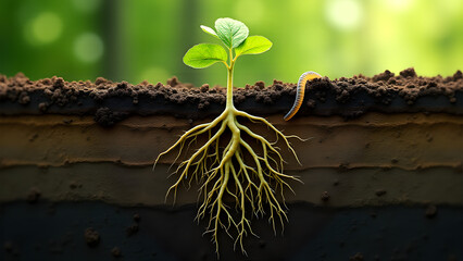 Cross-section of green soil with intricate root systems, fungal networks visible, layered earth science detail.