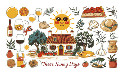 A modern vector illustration in a Mediterranean summer theme,  easily scalable and editable.