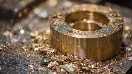 Ultra quality image of close-up of brass material scrap from turning process showing machined surface with fine scratches and metal shavings scattered around, industrial waste, metal.