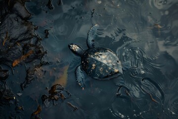 Obraz premium Sea turtle swimming in polluted water with plastic waste