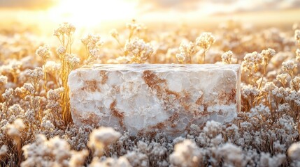 Rustic stone block amidst frosted field