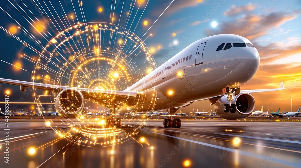 Poster Airplane on runway with a digital data overlay
