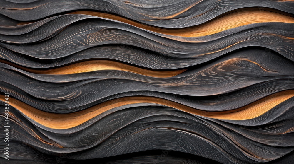 Poster dark wood with golden waves creating an abstract background