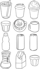 Hand-drawn vector set of various drink containers. Iced coffee, takeaway cup, frappe, glass, latte art, mug, bottle, cans, pour over coffee maker, juice box, small glass. Sketch style illustration.