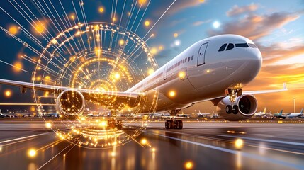 Fototapeta premium Airplane on runway with a digital data overlay