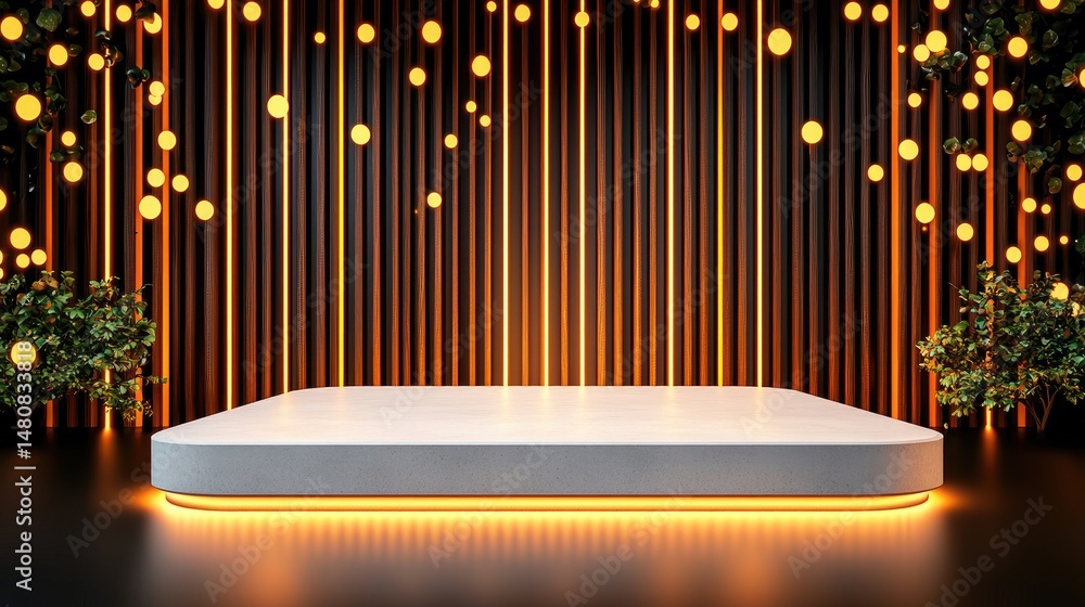 Poster Modern product showcase with illuminated backdrop and lush greenery