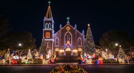 Obraz premium Christmas Church Lights Display - A stunning nighttime view of a church adorned with vibrant Christmas lights, creating a magical holiday scene
