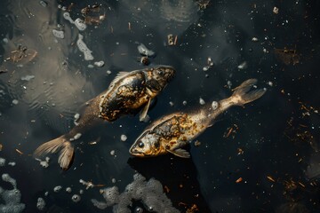 Obraz premium Dead fish floating in polluted water with foam and debris