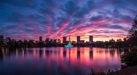 Obraz premium City Skyline Sunset Reflection - Stunning cityscape at sunset, reflected in calm water, featuring a central fountain. Vibrant colors and tranquil atmosphere