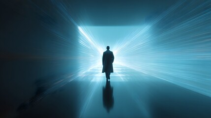 Silhouette walking into bright light, abstract tunnel. Mystery, hope, and transition are the keywords. A man in a coat goes into the light.