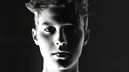 Digital portrait of an Asian young man with glitching effect on dark background, headshot - Powered by Adobe