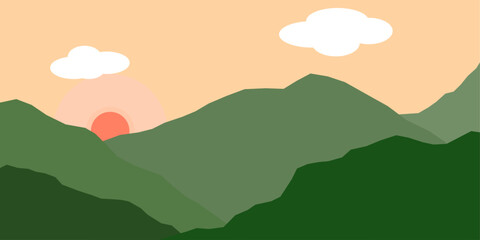 Illustration of landscape. Vector landscape. green mountain and sun on orange sky.