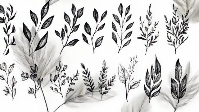 various botanical leaf branch drawings arranged on white surface for design element, decoration