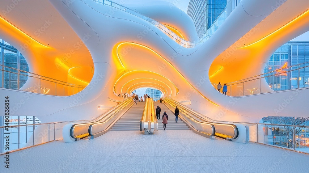 Poster futuristic architectural structure illuminated with orange glow and escalators