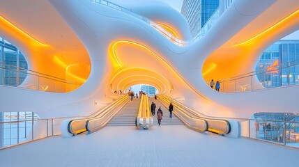 Fototapeta premium Futuristic architectural structure illuminated with orange glow and escalators