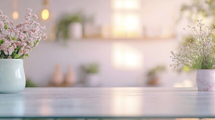 Pastel pink flowers in vases on bright tabletop home decor soft lighting calm interior
