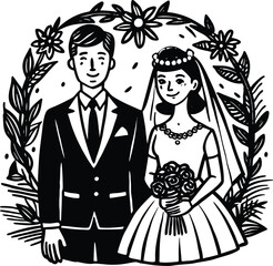 Vector illustration of boho style wedding background,kissing bride,groom,