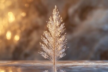A delicate ice crystal, resembling a miniature Christmas tree, glistens in warm, golden light.