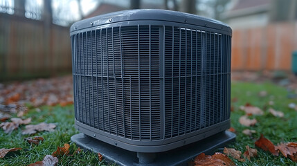 Gray outdoor HVAC unit on grassy lawn