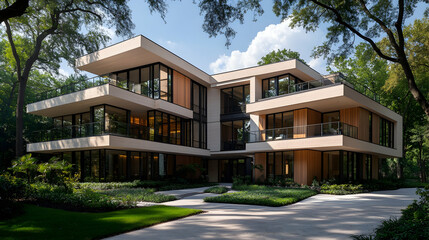 Modern, multi-level home nestled in lush greenery, featuring sleek design and expansive windows