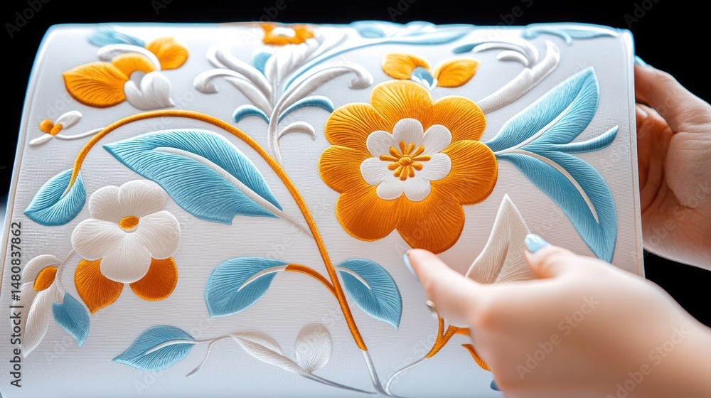 Aufkleber embossed floral design is displayed with hands on a white background