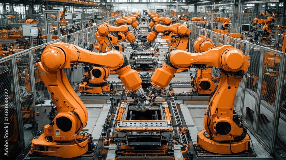 Aufkleber automated assembly line with numerous orange robotic arms precisely manipulating parts in a synchron