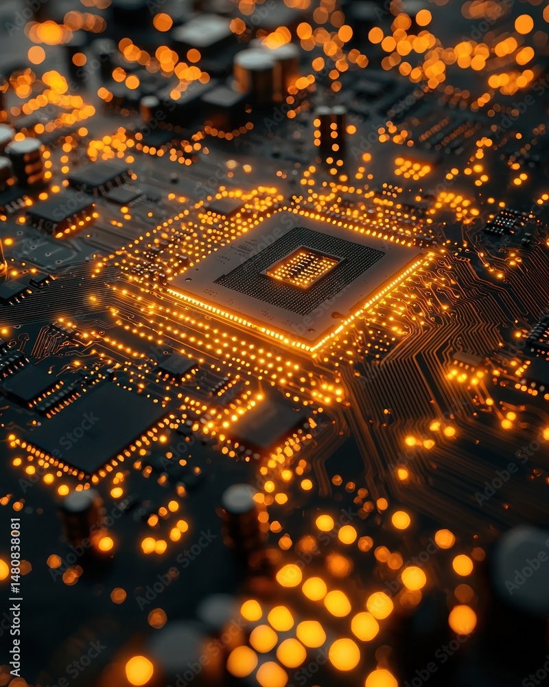 Poster illuminated central processing unit on a circuit board, showcasing intricate electronic components a