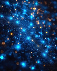 Abstract digital network, glowing nodes and lines on dark background, suggesting connectivity and technology