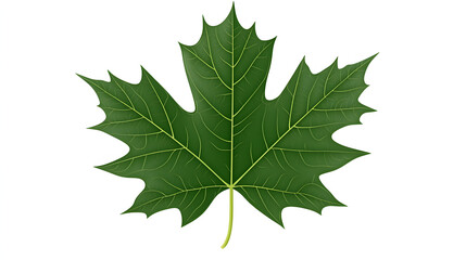 A vibrant green maple leaf with intricate veins and a classic five-point shape against a clean white background.