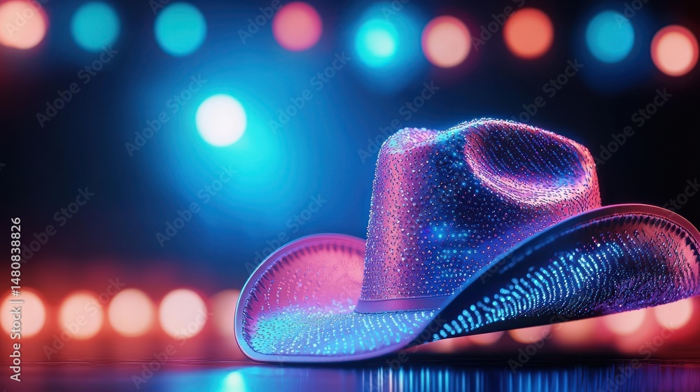Poster illuminated cowboy hat shines with dazzling light and color