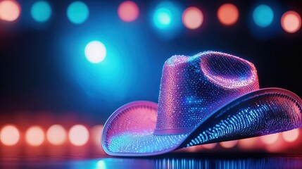 Illuminated cowboy hat shines with dazzling light and color