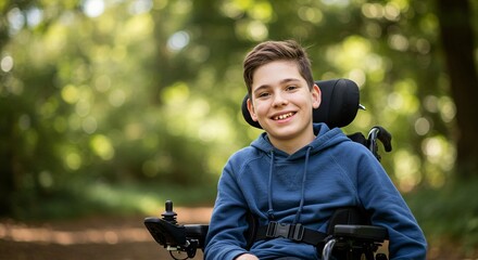 Smiling young boy in a motorized wheelchair enjoys a day in nature with soft, dappled light filtering through the trees behind him.
