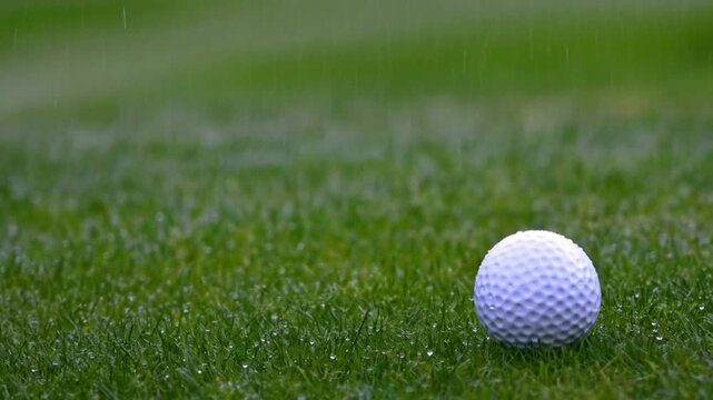 Golf ball resting on wet grass during a rainy day on the golf course field