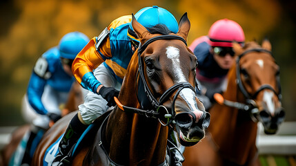 Naklejka premium A thrilling horse race, jockeys intensely focused, horses straining, blurring background