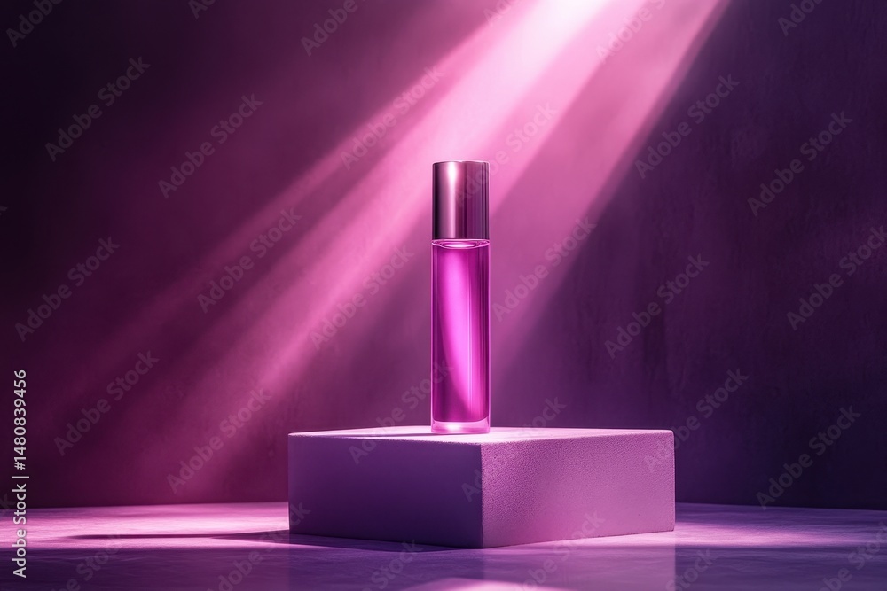 Poster elegant purple perfume bottle illuminated by soft light on a textured pedestal in a studio setting d