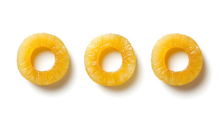 Three vibrant, canned pineapple slices arranged in a row against a clean white background.