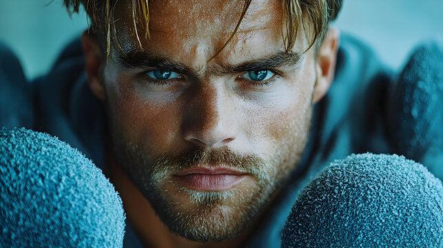 Intense close-up portrait of a man with blue eyes, stubble, and wet hair, wearing a hooded top