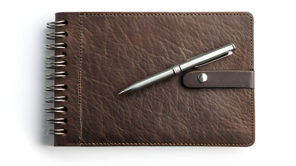 Elegant brown leather notebook with a silver pen resting on top, showcasing sophistication and style.