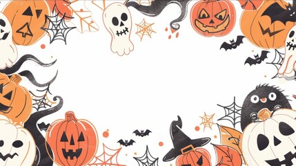 Halloween border with pumpkins, ghosts, bats, and spiders in orange and black on a light background. Halloween celebration concept. Copy place