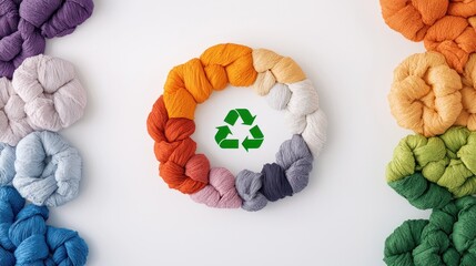 Colorful yarn arranged in a circle with recycling symbol