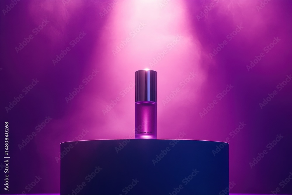 Poster elegant purple perfume bottle illuminated by soft light on a textured pedestal in a studio setting d