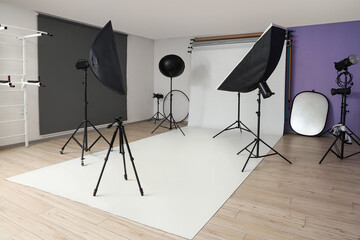 White background and modern equipment in photo studio